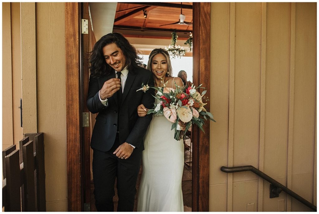 Maui couple getting married leaving the cliffhouse at the montage in Hawaii