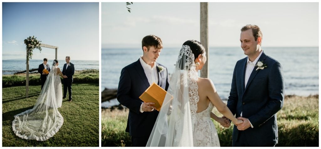 Olowalu Wedding Elopement Photographer picture of bride and groom getting married beside the ocean under ceremony arch