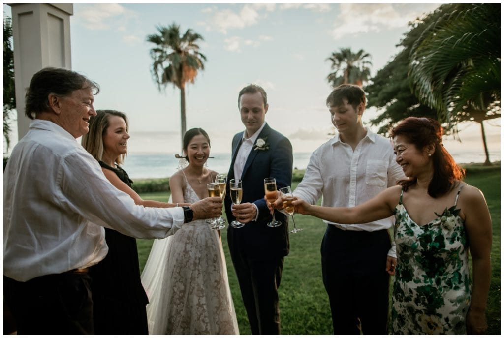 Olowalu Wedding Elopement Photographer picture of bride and groom on their wedding day with champagne in their hand