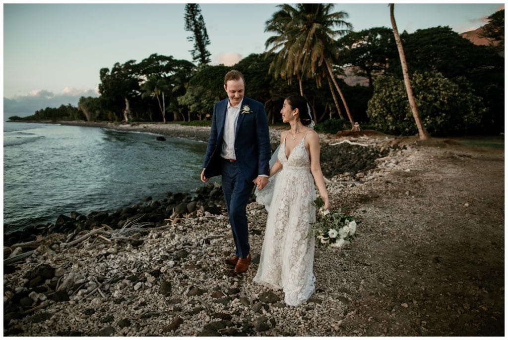 Olowalu Wedding Elopement Photographer picture of bride and groom on their wedding day walking