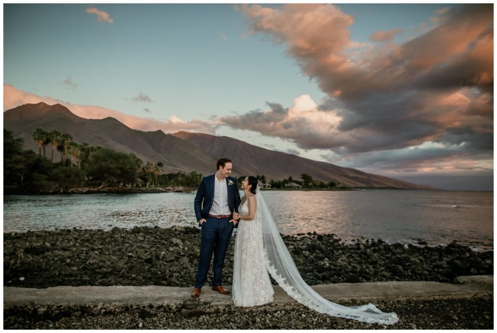 Olowalu Wedding Elopement Photographer picture of bride and groom on their wedding day walking