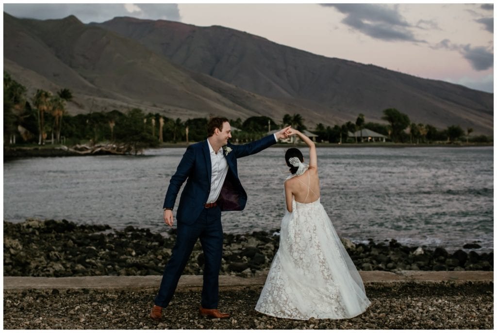Olowalu Wedding Elopement Photographer picture of bride and groom on their wedding day dancing