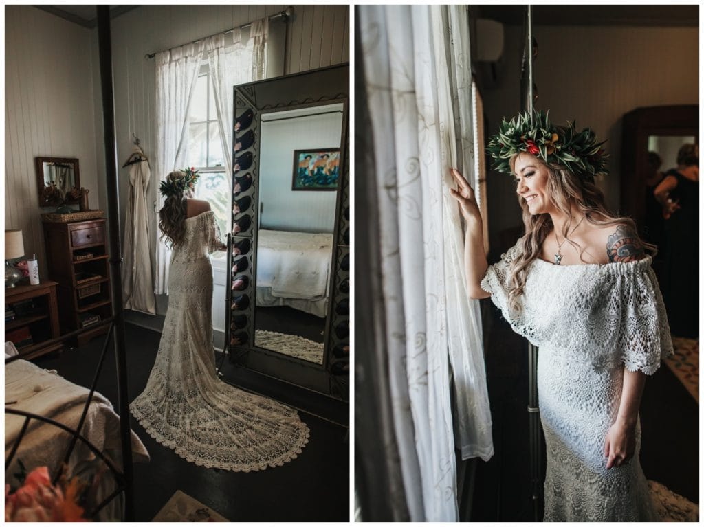 Tropical Boho Wedding in maui at Olowalu Plantation House Bride and Groom