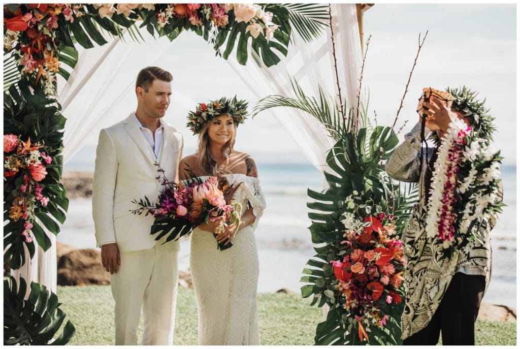 Tropical Boho Wedding in maui at Olowalu Plantation House Bride and Groom