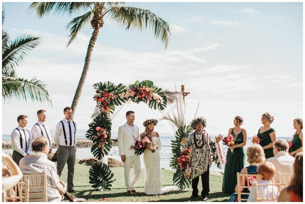 Tropical Boho Wedding in maui at Olowalu Plantation House Bride and Groom