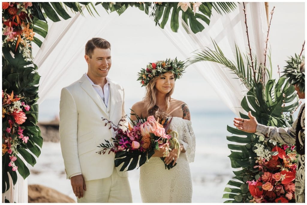Tropical Boho Wedding in maui at Olowalu Plantation House Bride and Groom