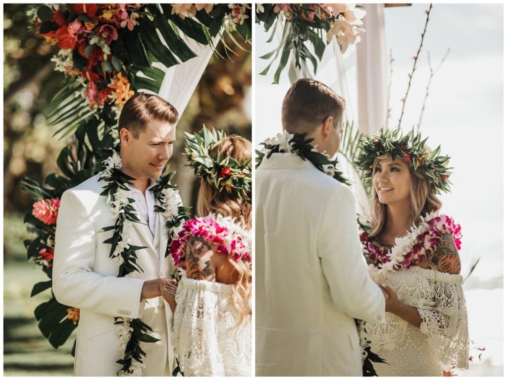 Tropical Boho Wedding in maui at Olowalu Plantation House Bride and Groom