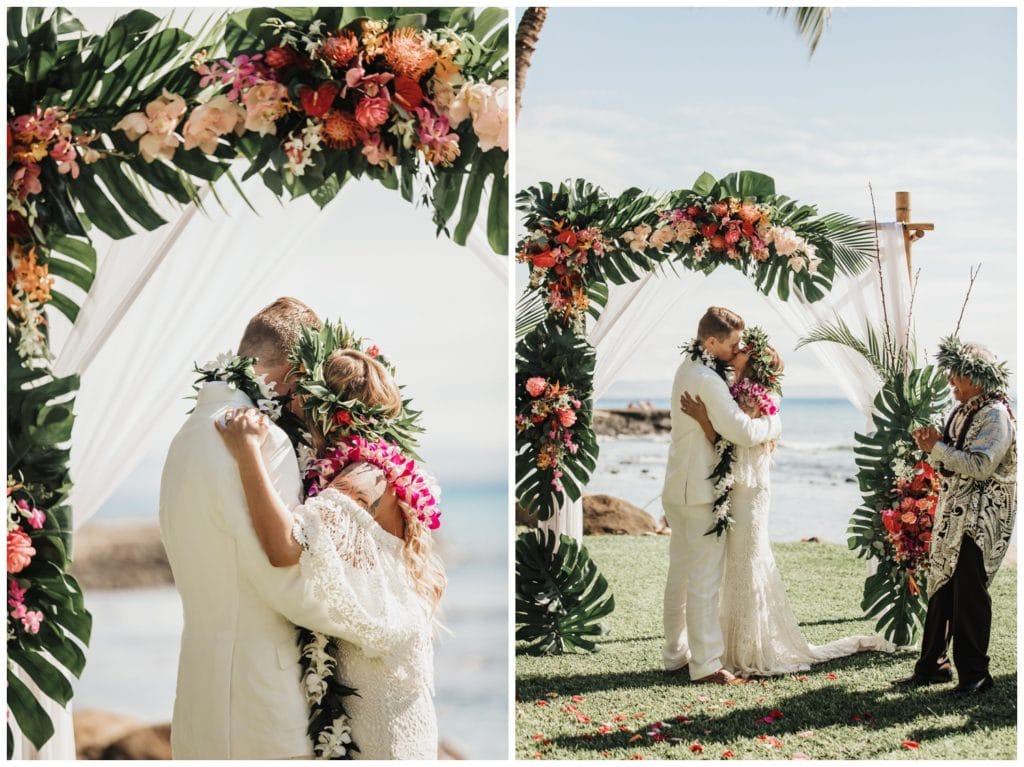 Tropical Boho Wedding in maui at Olowalu Plantation House Bride and Groom