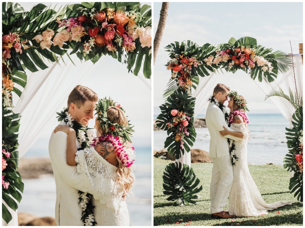 Tropical Boho Wedding in maui at Olowalu Plantation House Bride and Groom