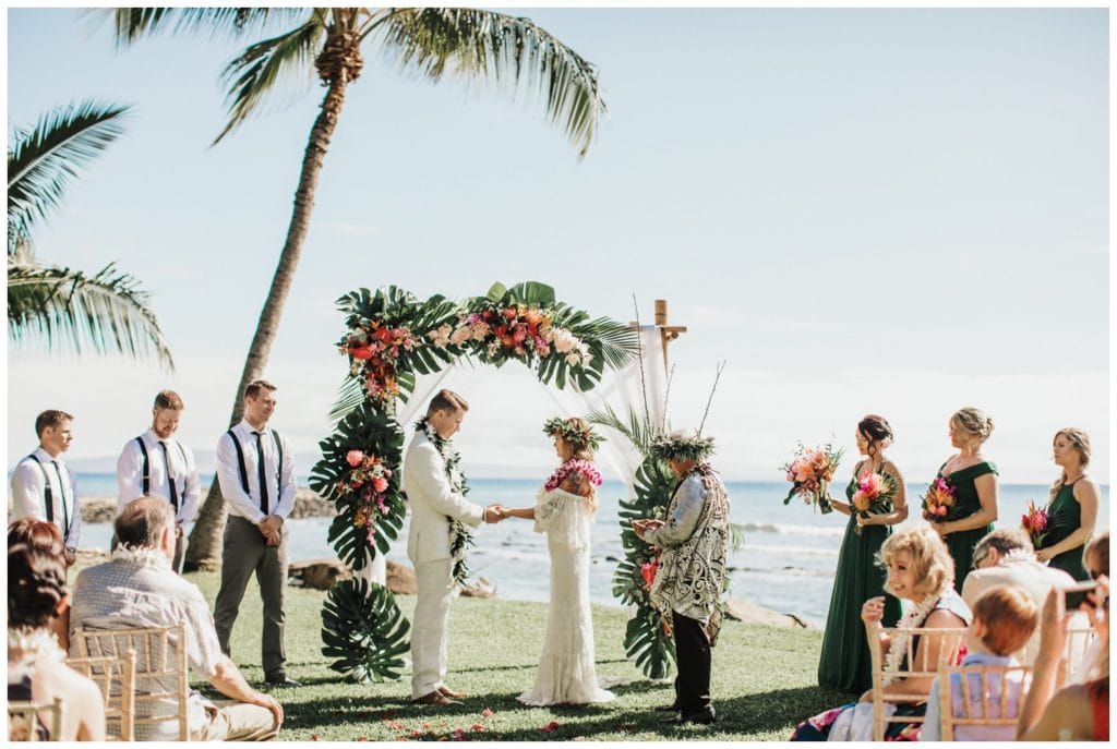 Tropical Boho Wedding in maui at Olowalu Plantation House Bride and Groom