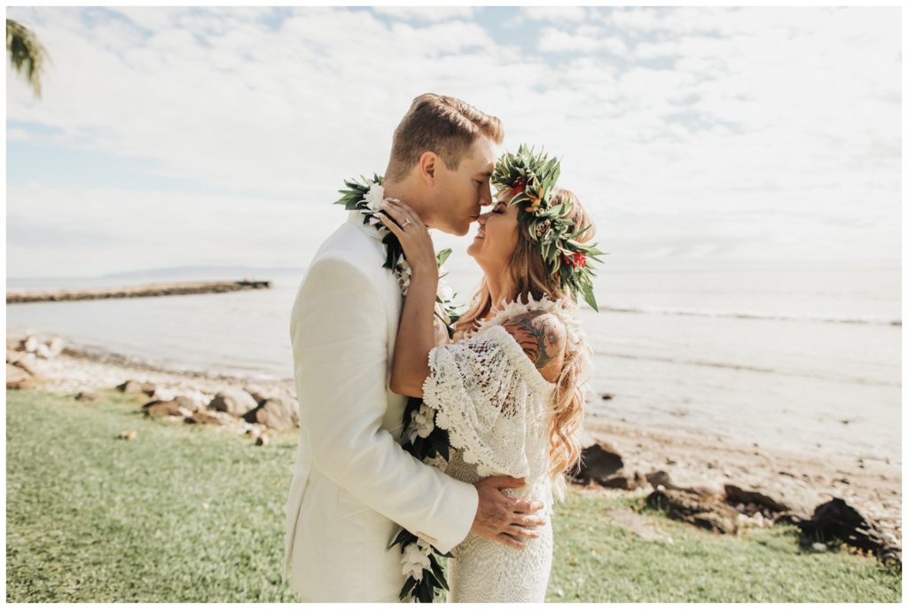 Tropical Boho Wedding in maui at Olowalu Plantation House Bride and Groom