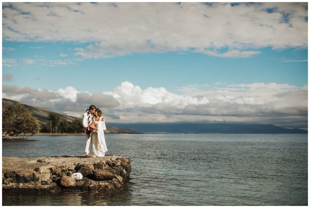 Tropical Boho Wedding in maui at Olowalu Plantation House Bride and Groom