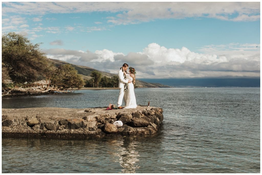 Tropical Boho Wedding in maui at Olowalu Plantation House Bride and Groom