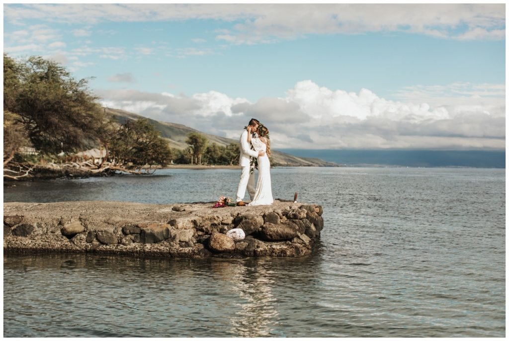 Tropical Boho Wedding in maui at Olowalu Plantation House Bride and Groom