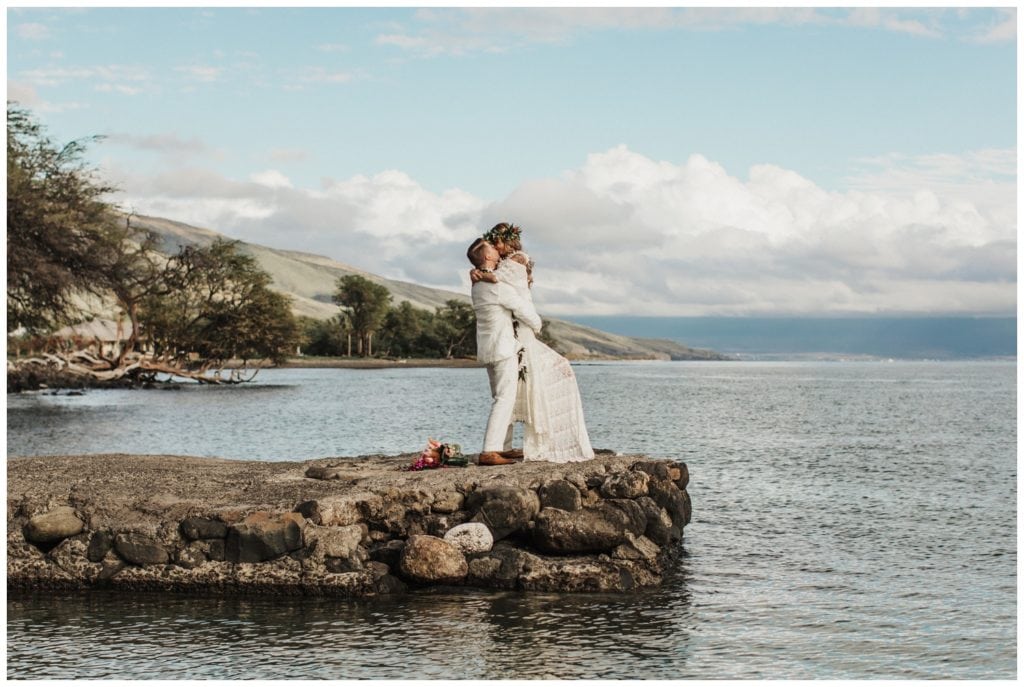 Tropical Boho Wedding in maui at Olowalu Plantation House Bride and Groom