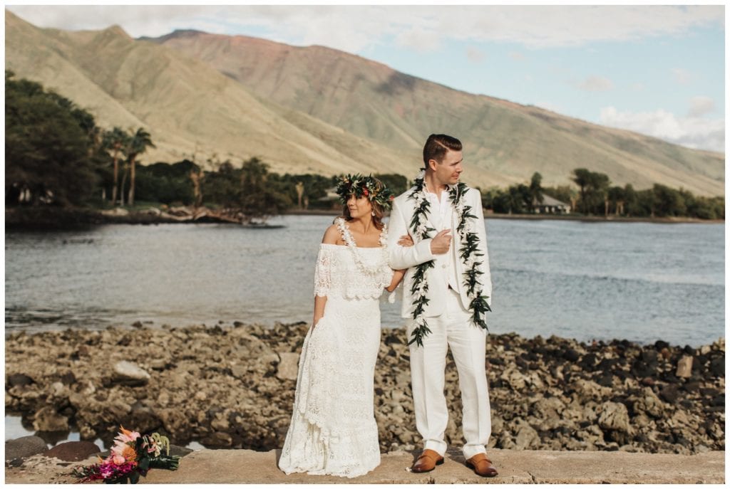 Tropical Boho Wedding in maui at Olowalu Plantation House Bride and Groom