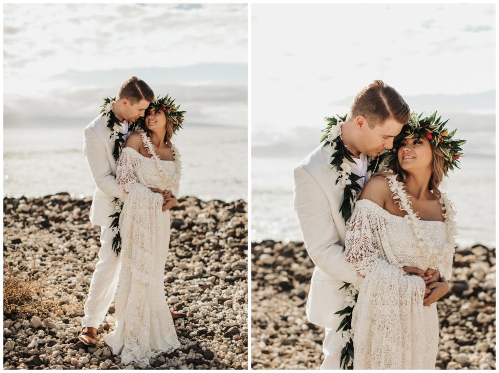 Tropical Boho Wedding in maui at Olowalu Plantation House Bride and Groom