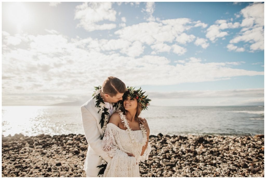 Tropical Boho Wedding in maui at Olowalu Plantation House Bride and Groom