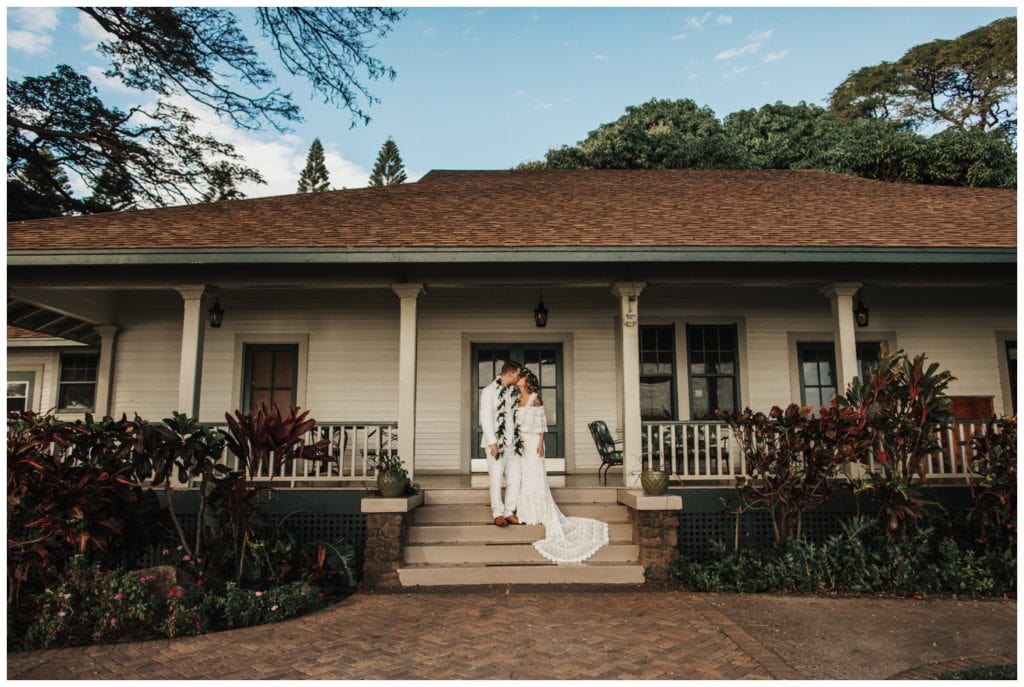 Tropical Boho Wedding in maui at Olowalu Plantation House Bride and Groom