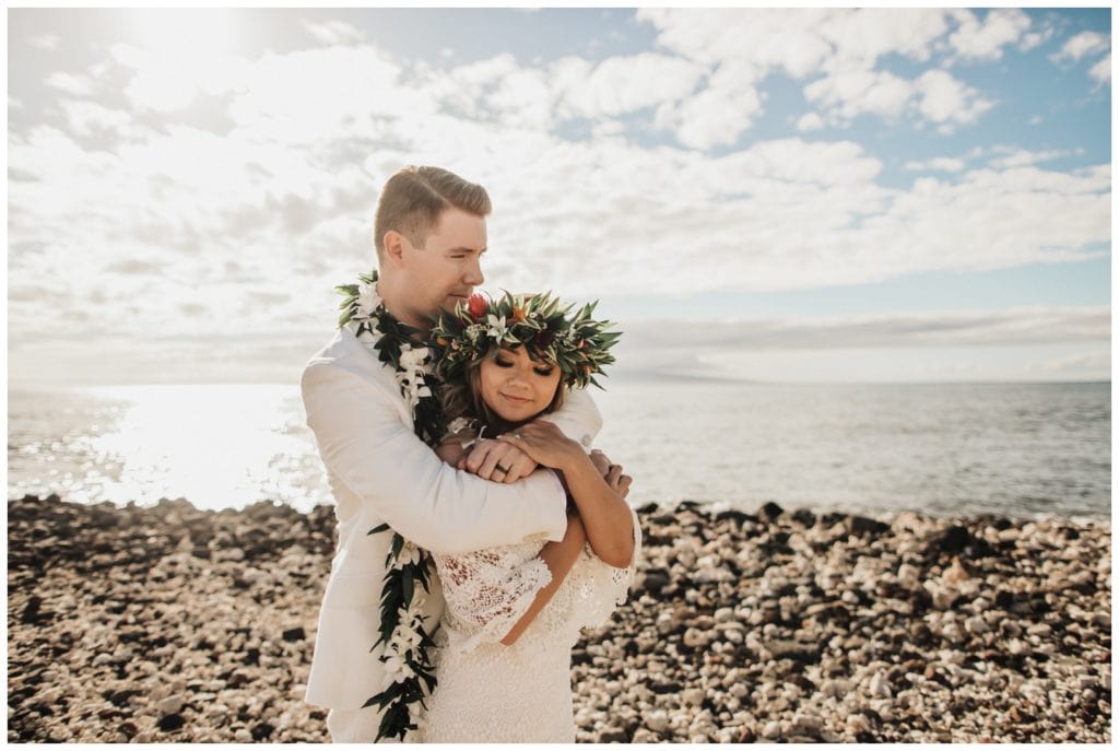 Tropical Boho Wedding in maui at Olowalu Plantation House Bride and Groom