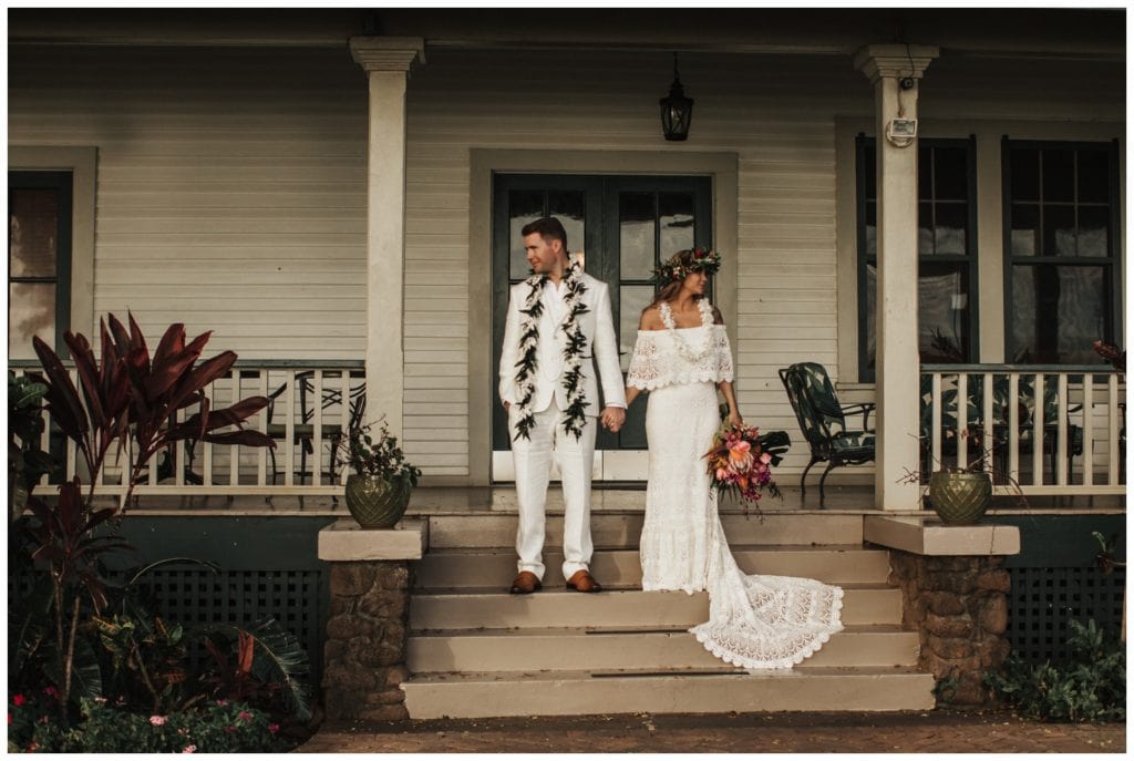 Tropical Boho Wedding in maui at Olowalu Plantation House Bride and Groom