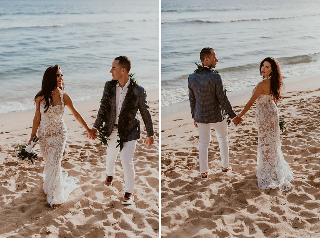 Bride and Groom holding hands and walking on the sand together