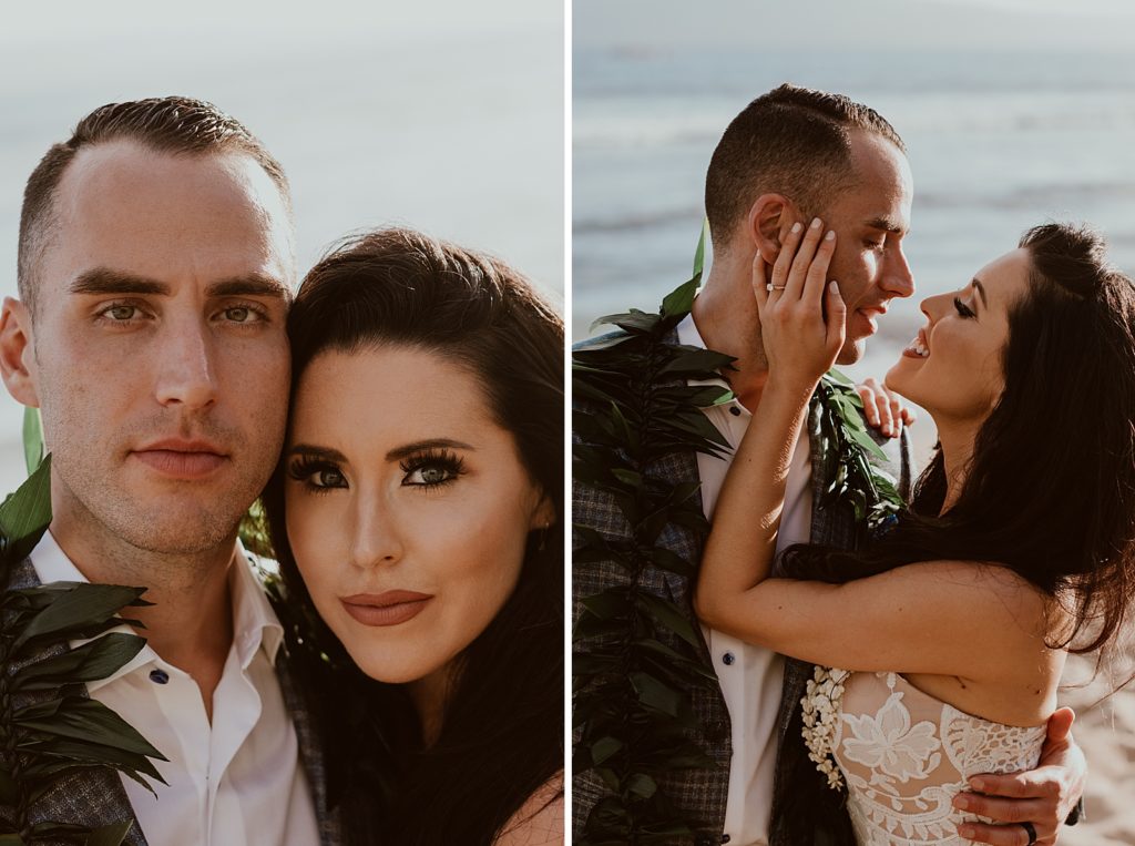 Closeup of Bride and Groom's face in front of the ocean