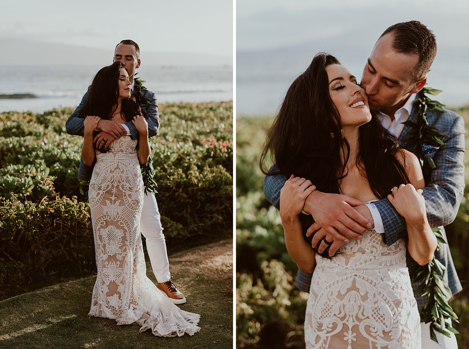 Groom holding and kissing Bride from behind