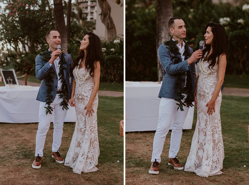 Bride and Groom giving speech at outdoor Reception
