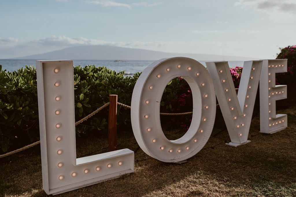 Detail shot of light bulb "LOVE" sign