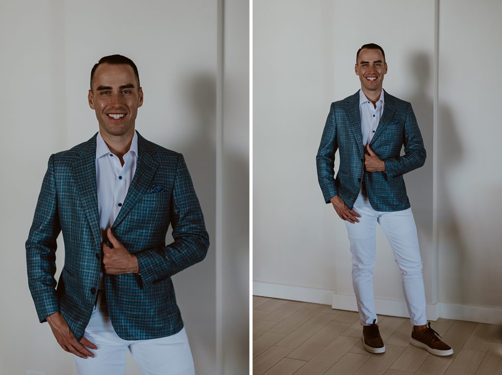 Portrait of Groom adjusting his jacket