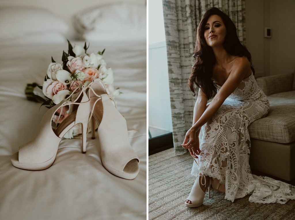 Detail shot of wedding heels and Bride tying heels