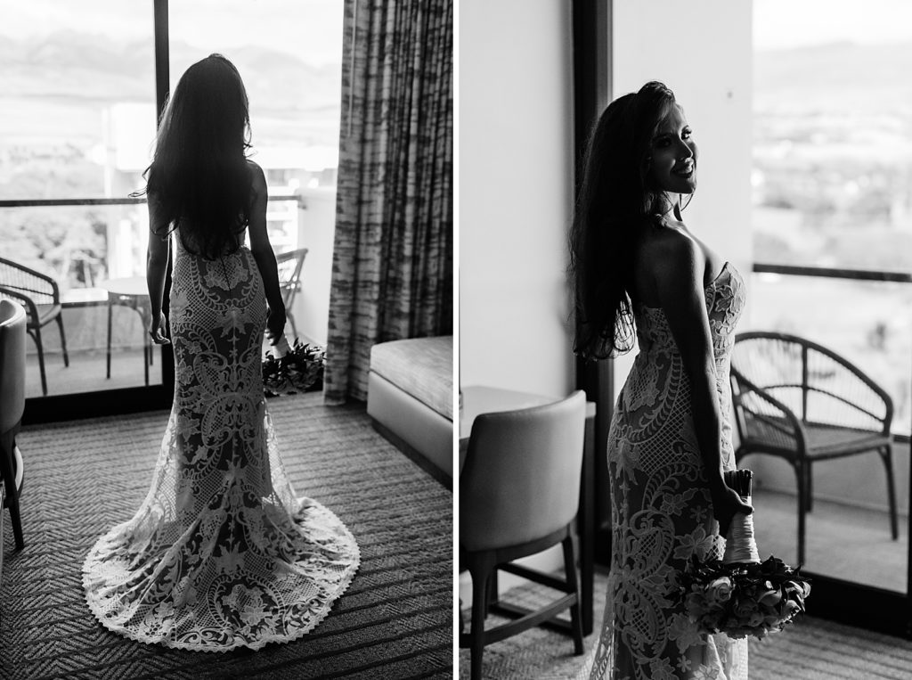 B&W Of Bride holding bouquet after getting ready