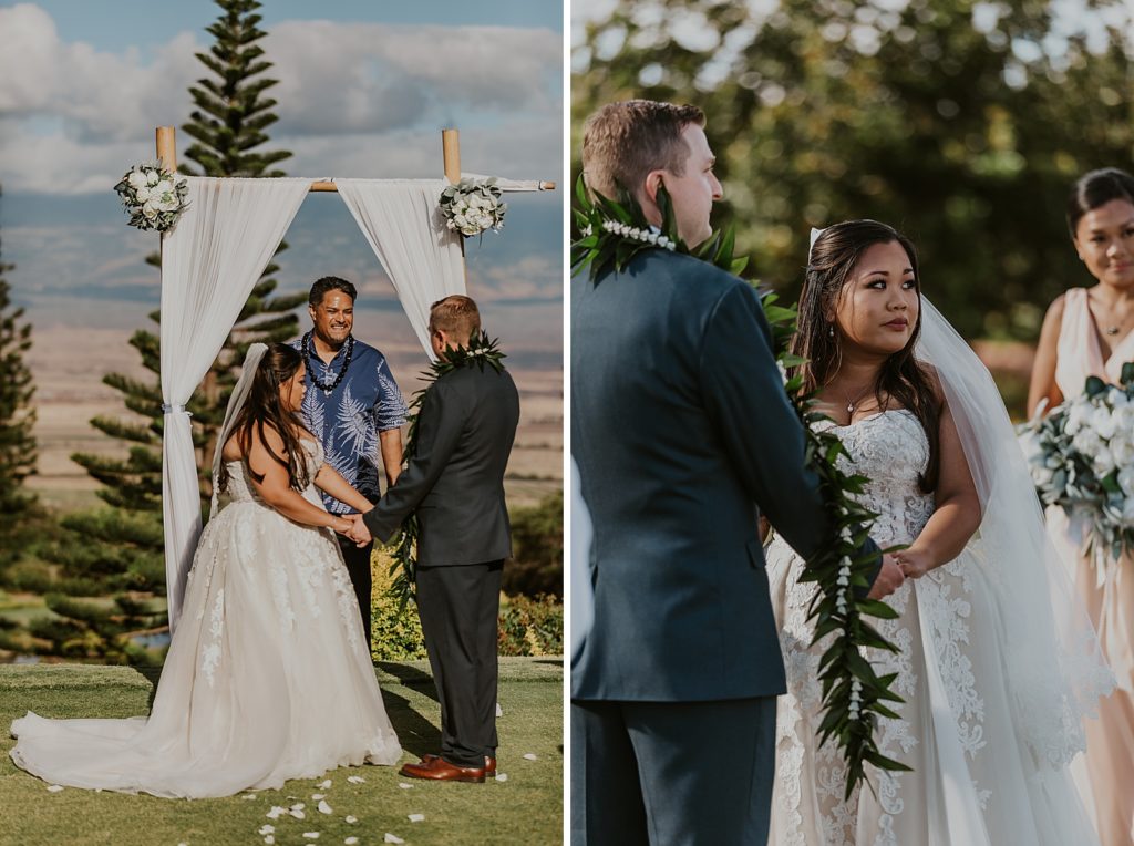 Bride and Groom holding hands and looking at officiant during Homily for Ceremony