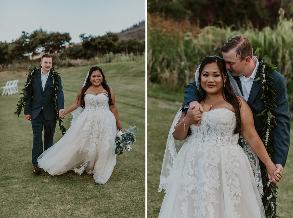 Bride leading Groom by holding his hand on the green