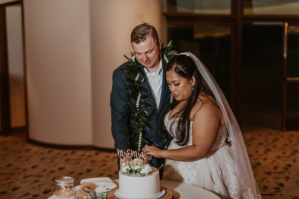 Bride and Groom cutting wedding cake together Reception