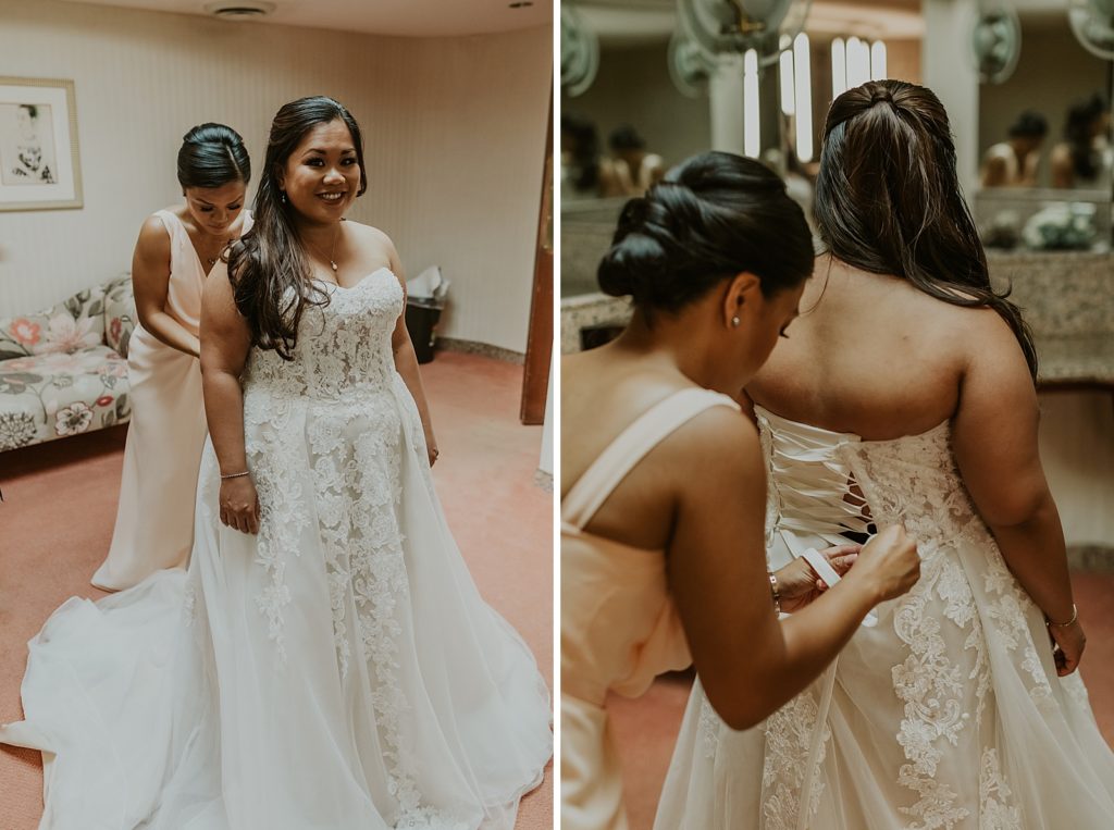 Bride getting help buttoning dress Getting ready