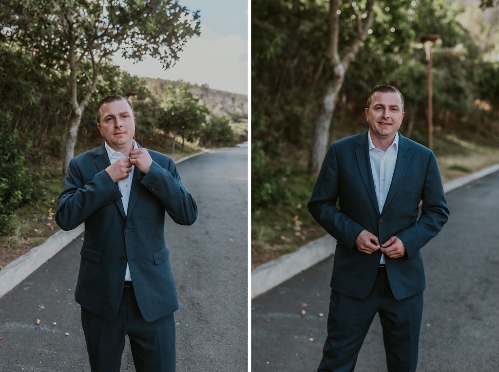 Portrait of Groom buttoning shirt and jacket