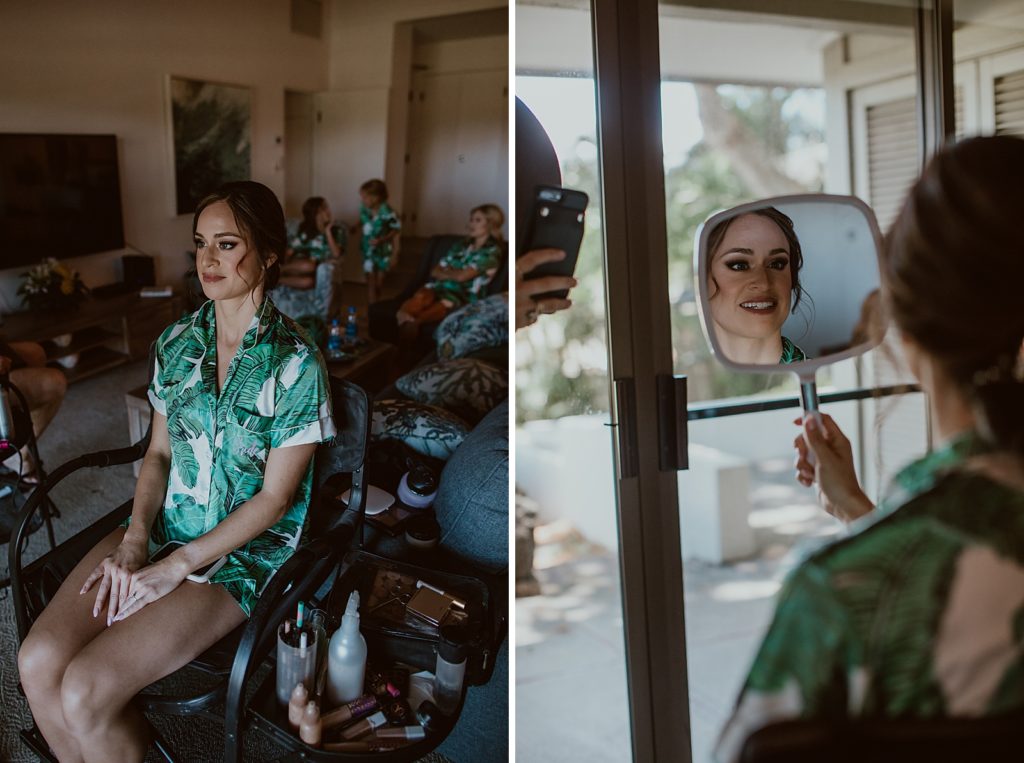 Bride in chair about to get hair and makeup done