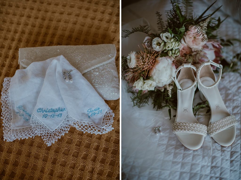 Detail shot of pearl earrings and white pearl heels with bouquet