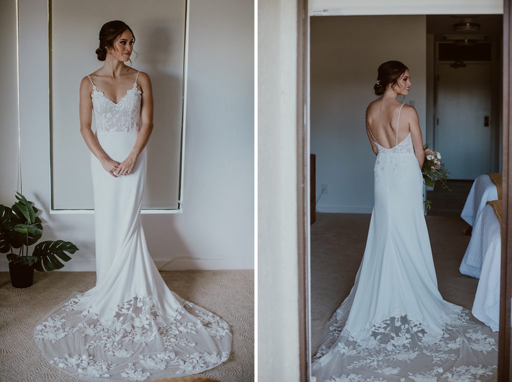 Bride after getting ready in wedding dress