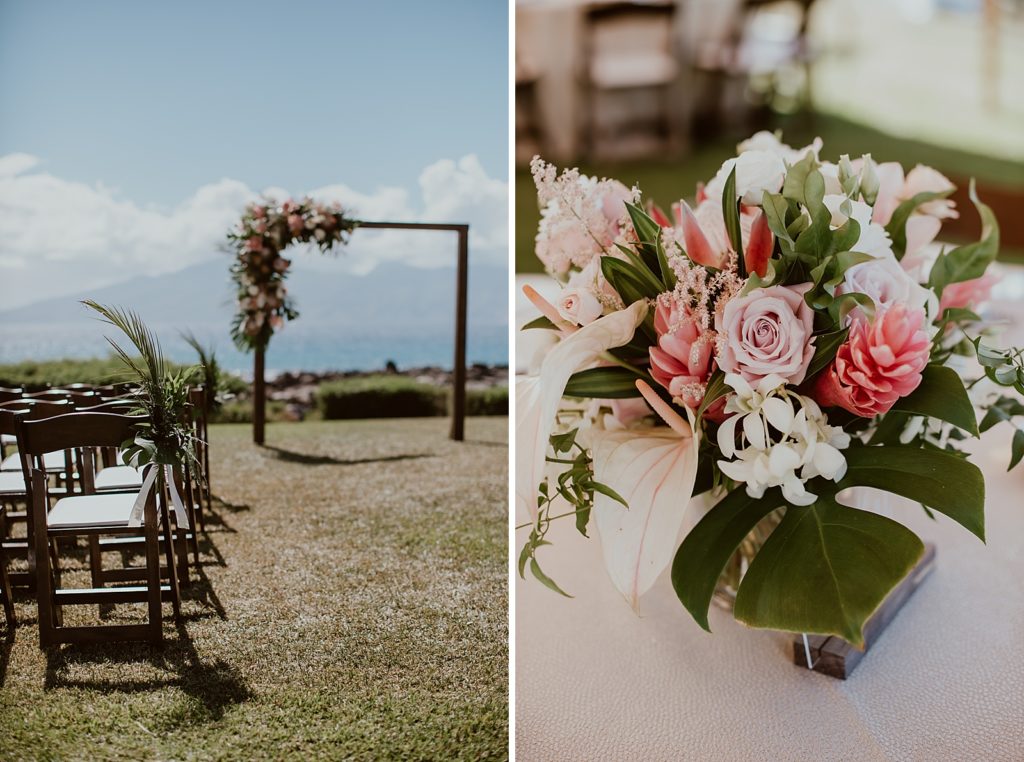 Detail shot of brown folding chairs with palm leaf decor and tropical pink bouquet