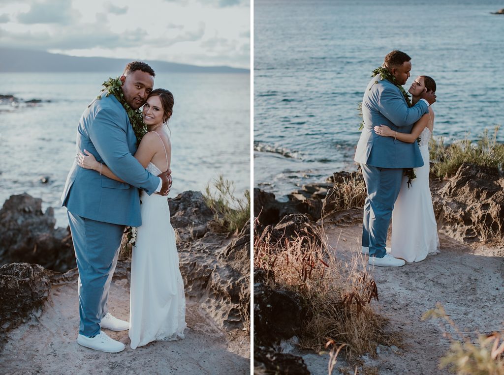 Bride and Groom holding each other and looking at the camera