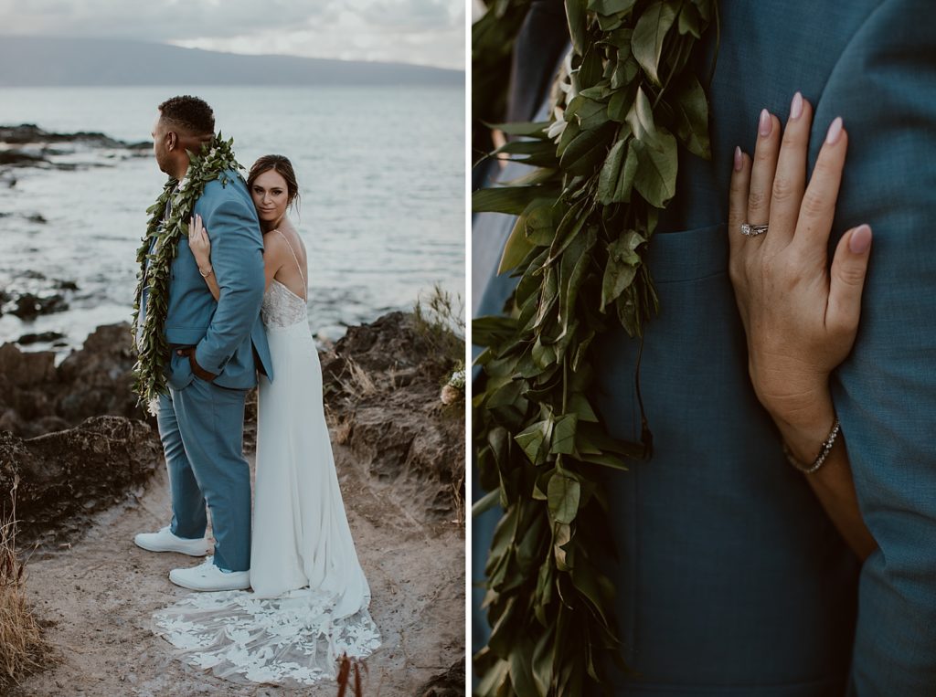 Bride holding Groom from behind with engagement ring and wedding band on