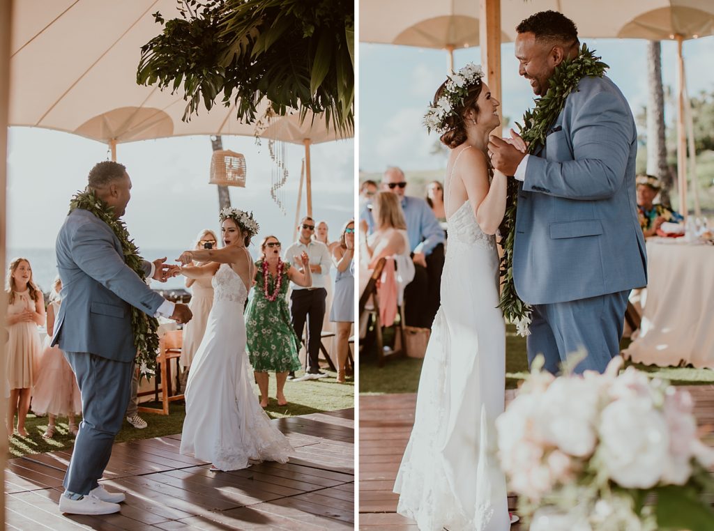 Bride and Groom having fun dancing on outdoor dance floor