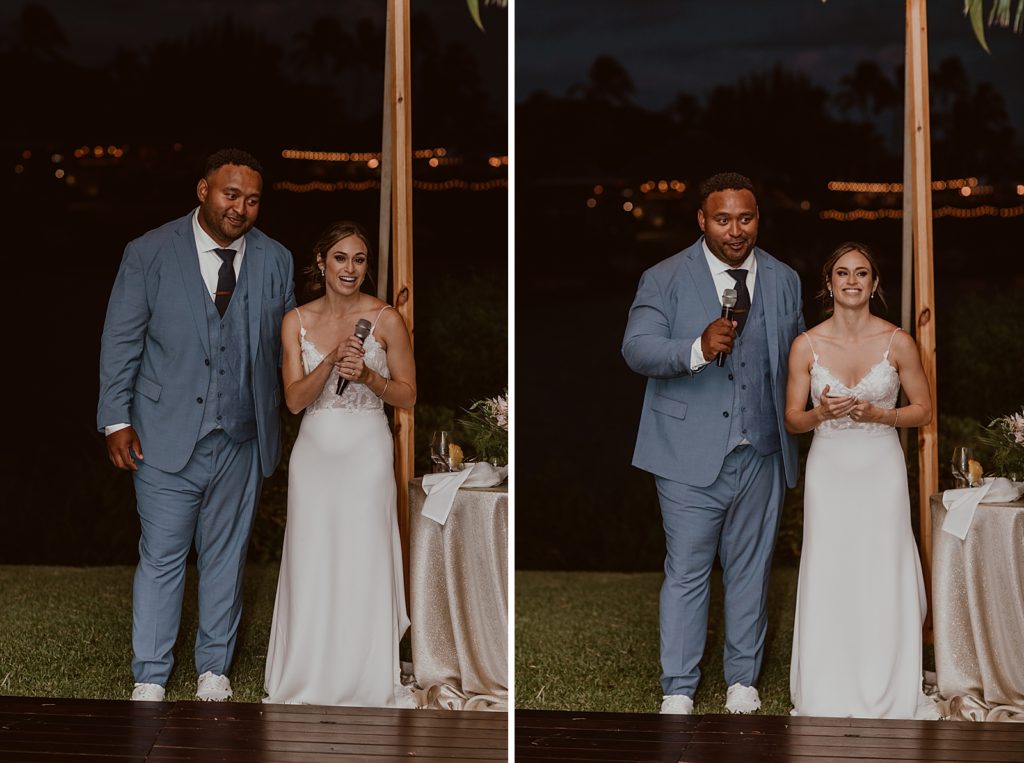 Bride and Groom giving speech at nighttime Reception