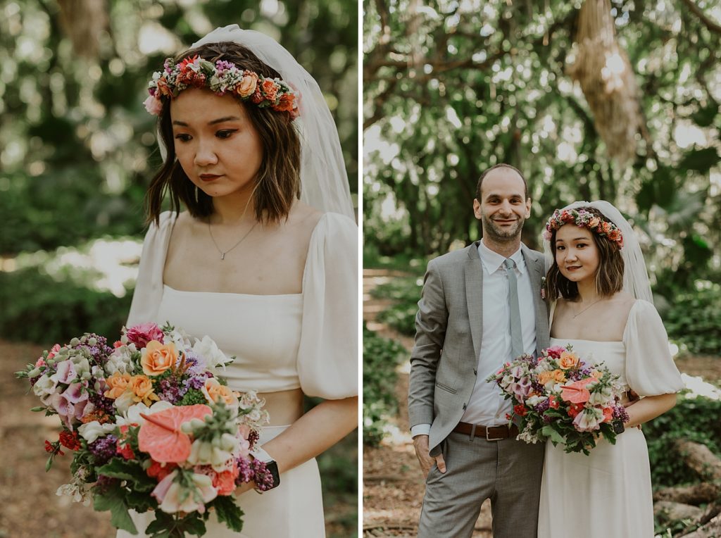 Bride with colorful floral crown and bouquet