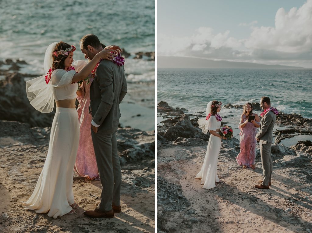 Bride and Groom standing for oceanfront Ceremony