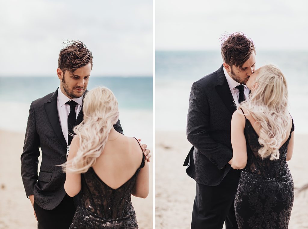 Groom looking at Bride portraits and kissing