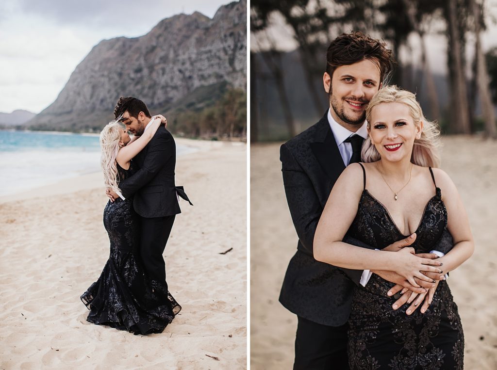 Bride and Groom holding each other on the sand of the beach
